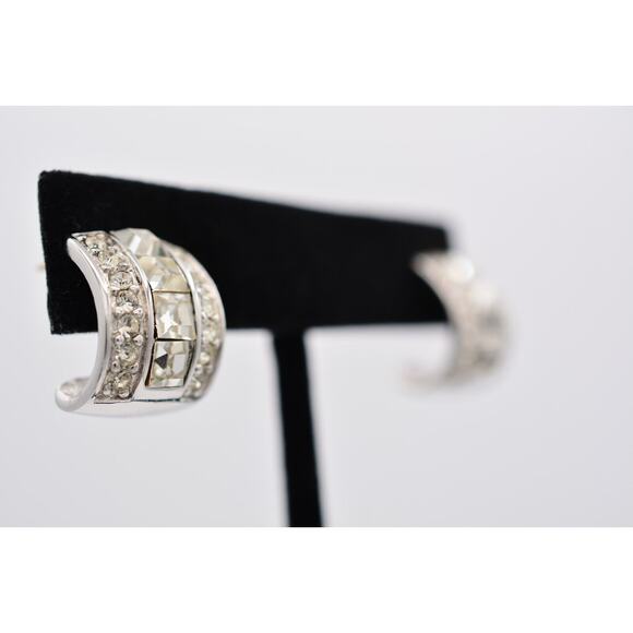 Givenchy Crystal Hoops Earrings Square Rhinestone Silver Vintage Signed BinAI - Picture 4 of 12